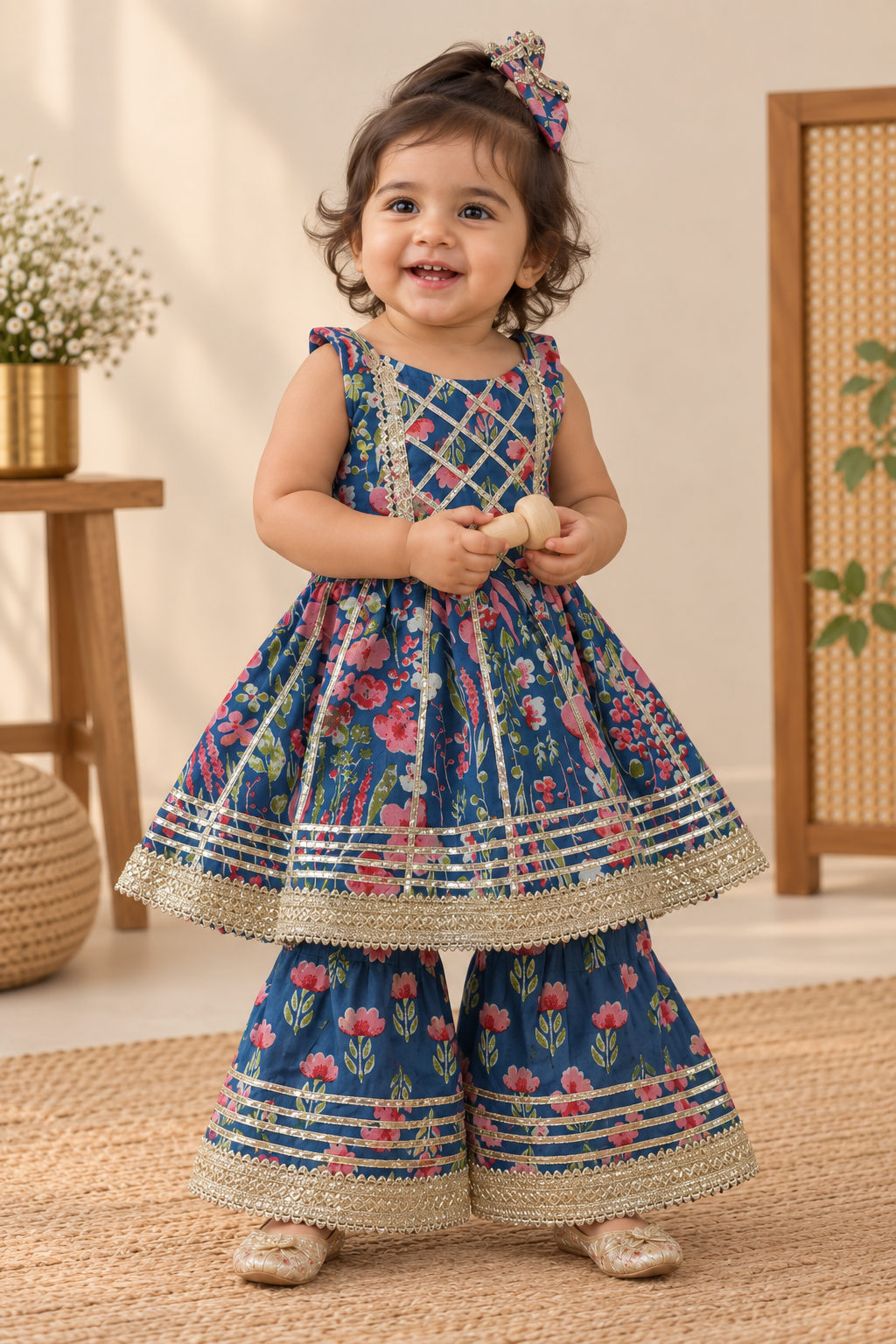 Girls Floral Printed 100% Cotton Kurti with Sharara