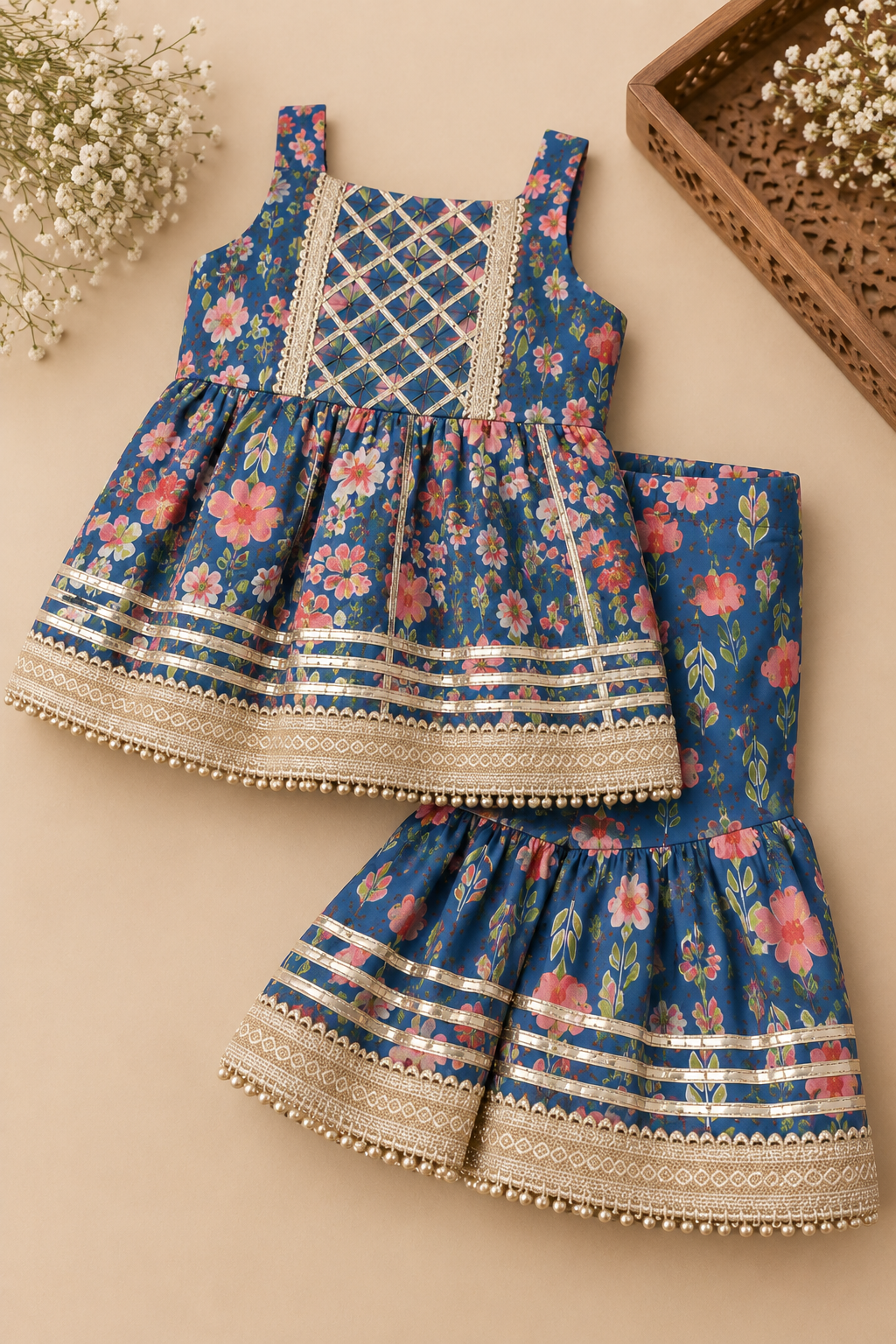Girls Floral Printed 100% Cotton Kurti with Sharara