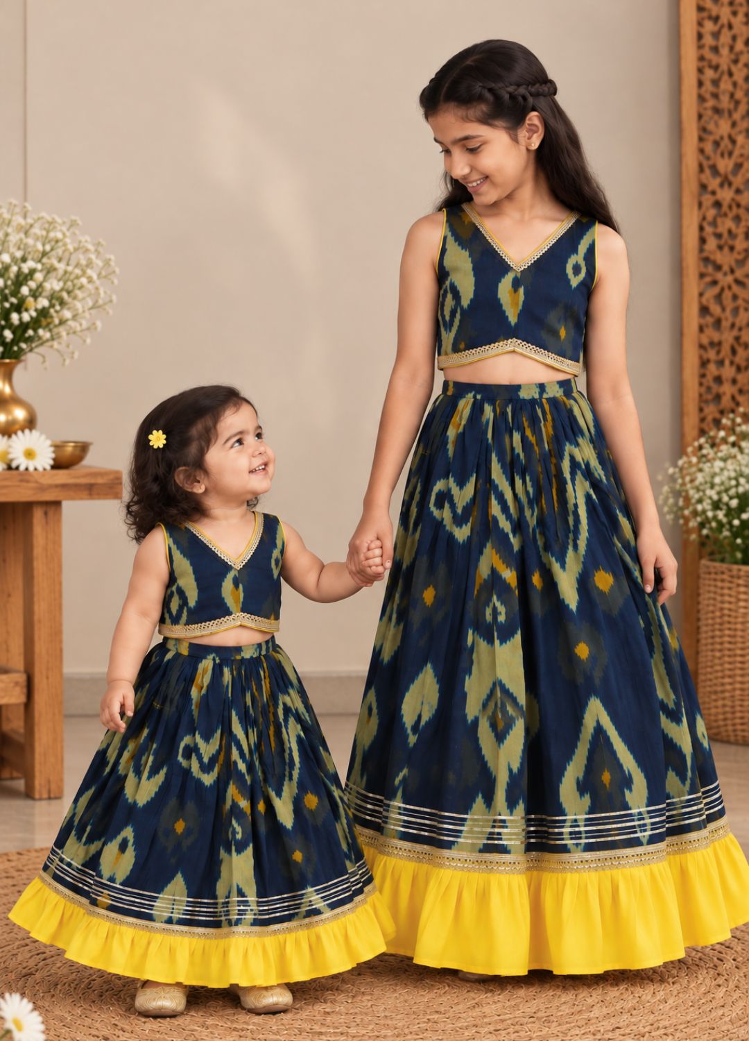 Girls Ikat-Inspired Printed 100% Cotton Lehenga Choli