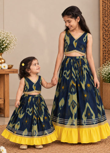 Girls Ikat-Inspired Printed 100% Cotton Lehenga Choli