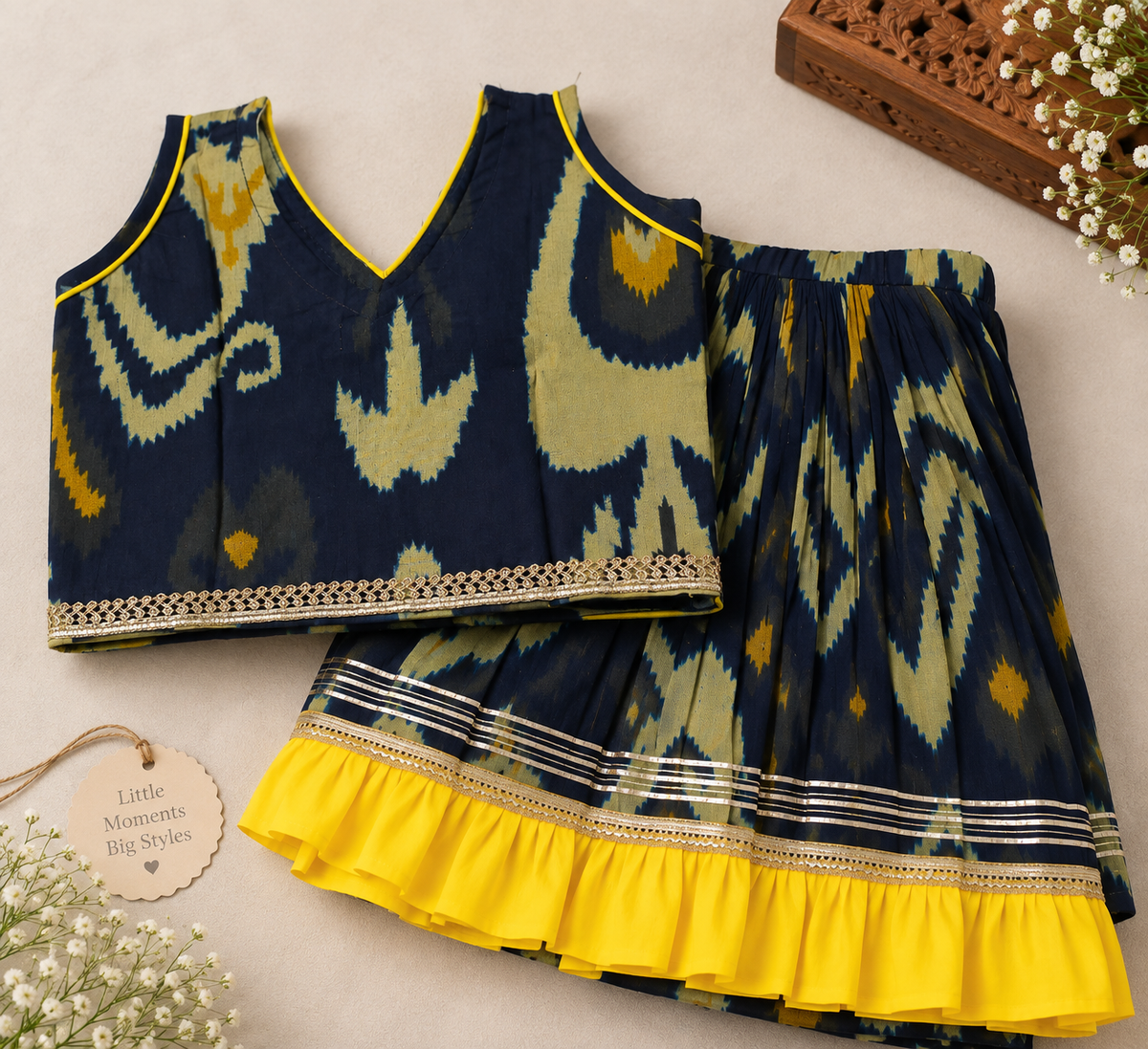 Girls Ikat-Inspired Printed 100% Cotton Lehenga Choli