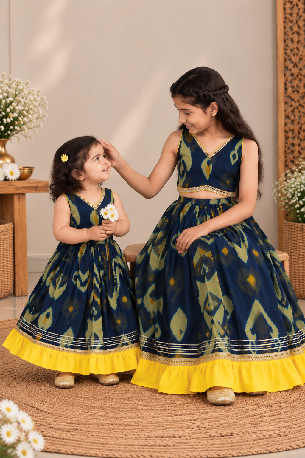 Girls Ikat-Inspired Printed 100% Cotton Lehenga Choli