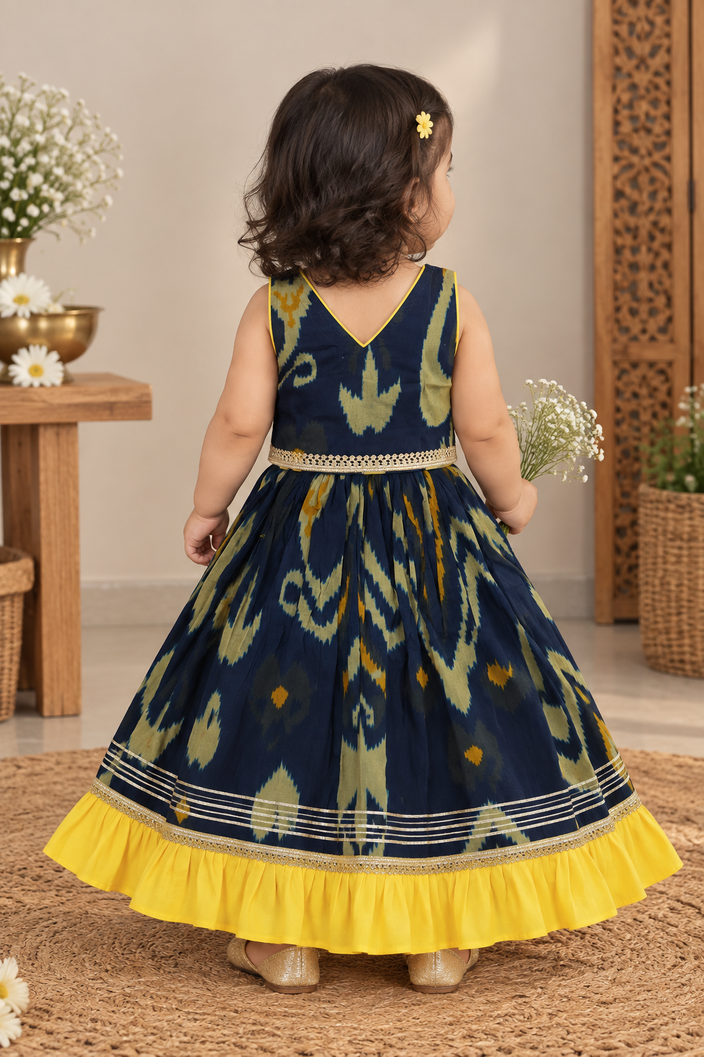 Girls Ikat-Inspired Printed 100% Cotton Lehenga Choli
