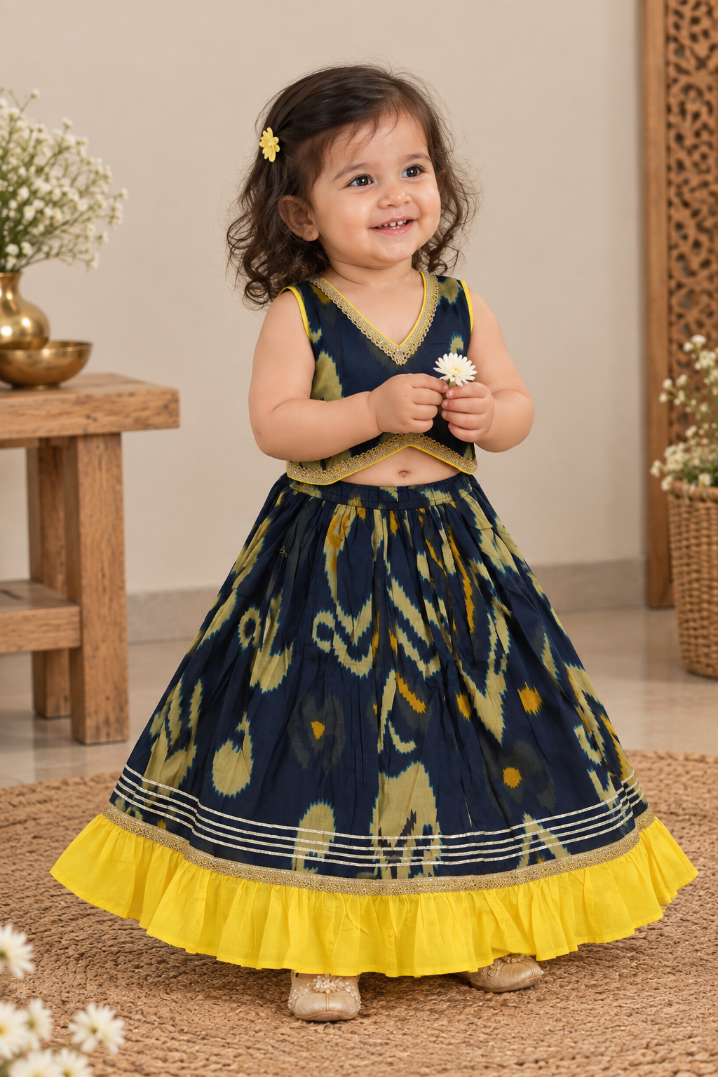 Girls Ikat-Inspired Printed 100% Cotton Lehenga Choli