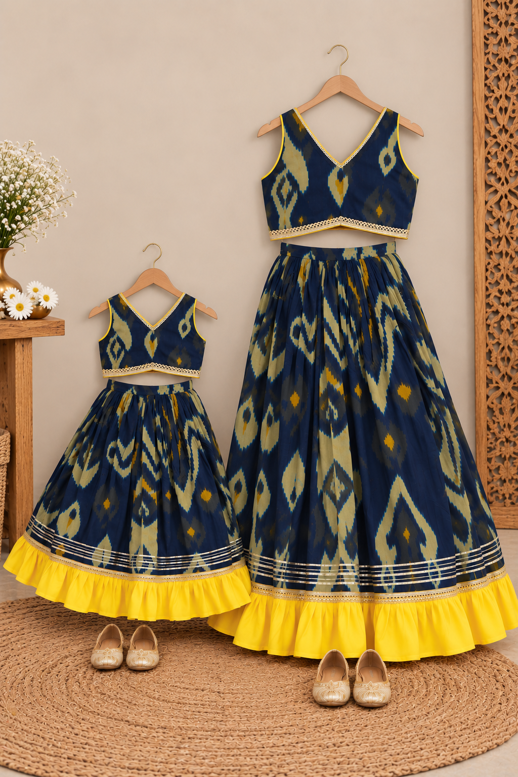 Girls Ikat-Inspired Printed 100% Cotton Lehenga Choli