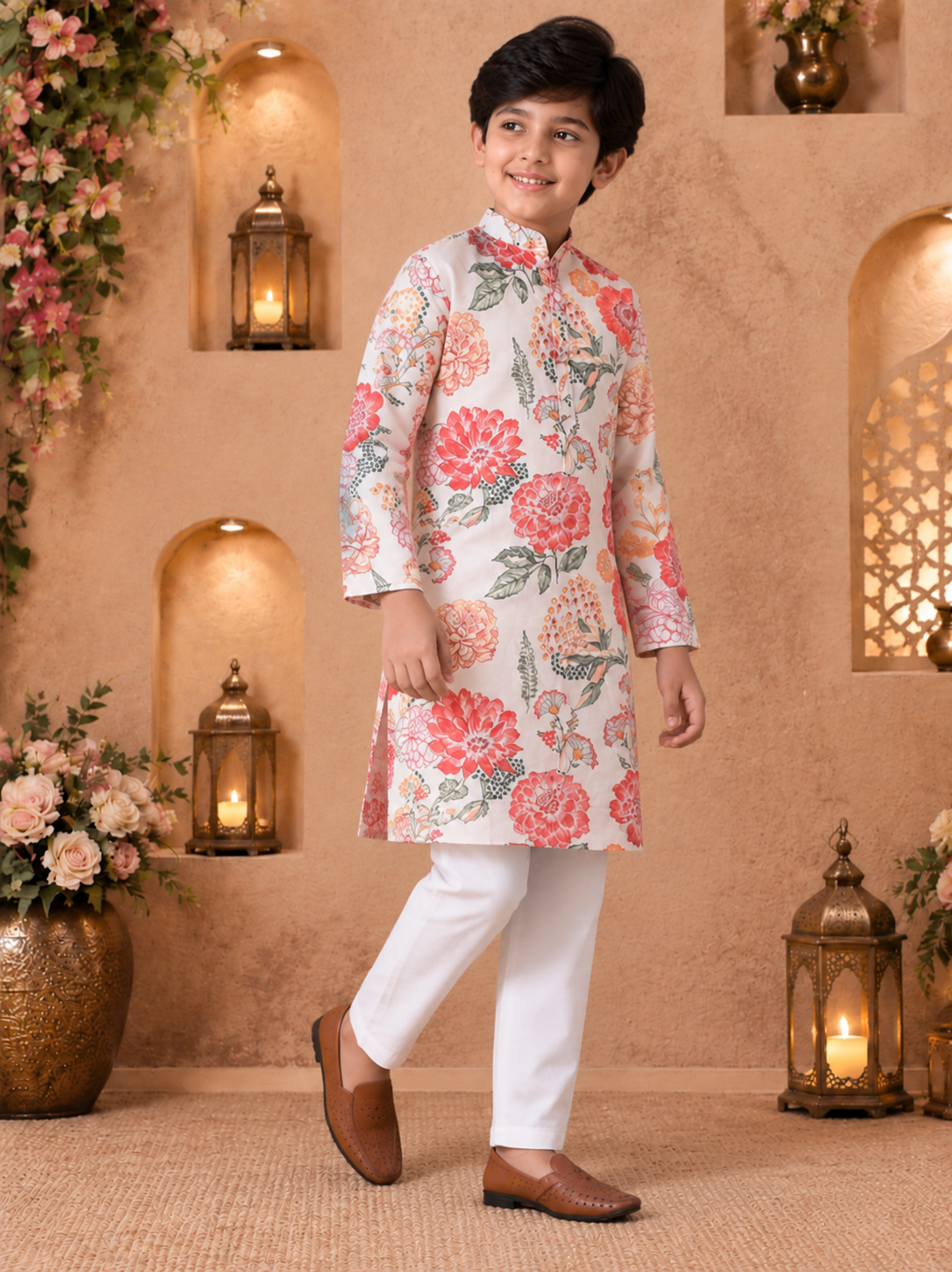 Boys Floral Printed Kurta with Pyjamas