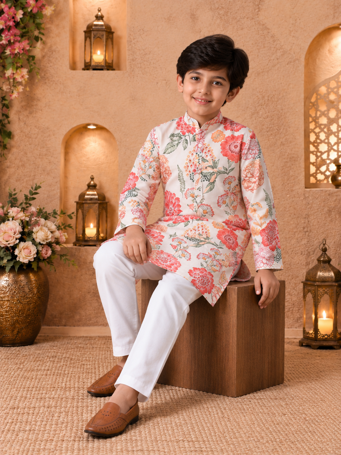Boys Floral Printed Kurta with Pyjamas