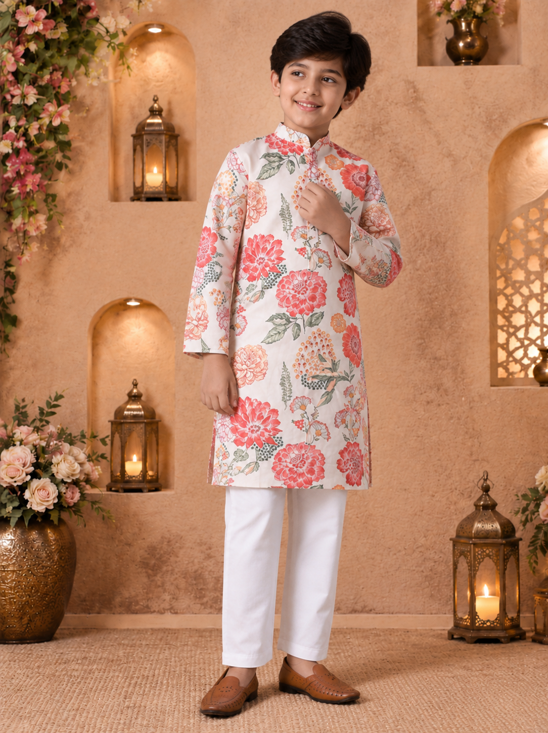 Boys Floral Printed Kurta with Pyjamas