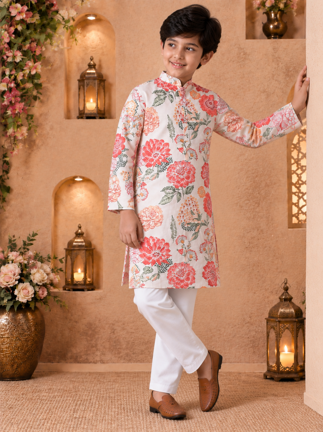 Boys Floral Printed Kurta with Pyjamas