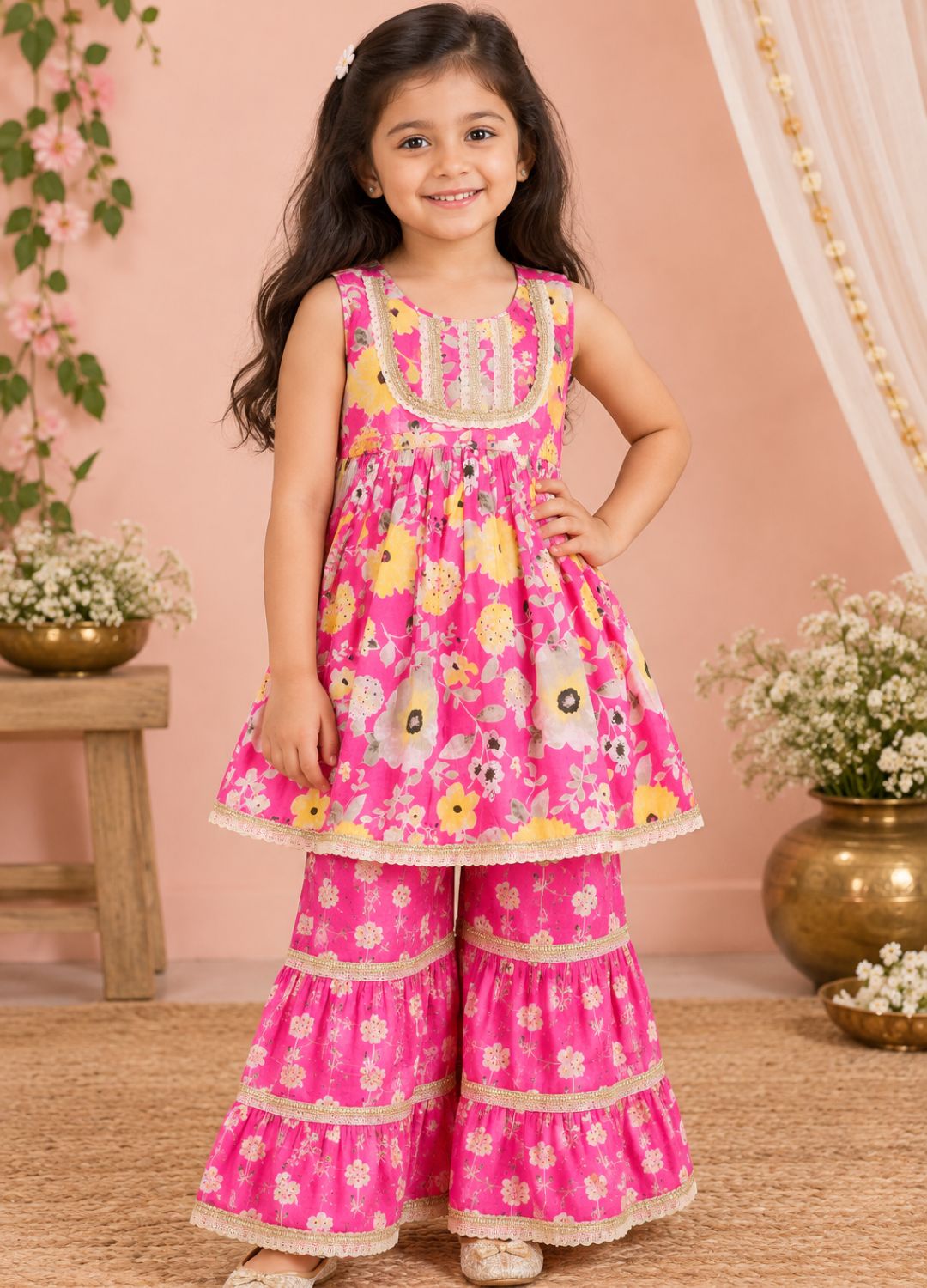 Girls Floral Printed 100% Cotton Kurti with Sharara