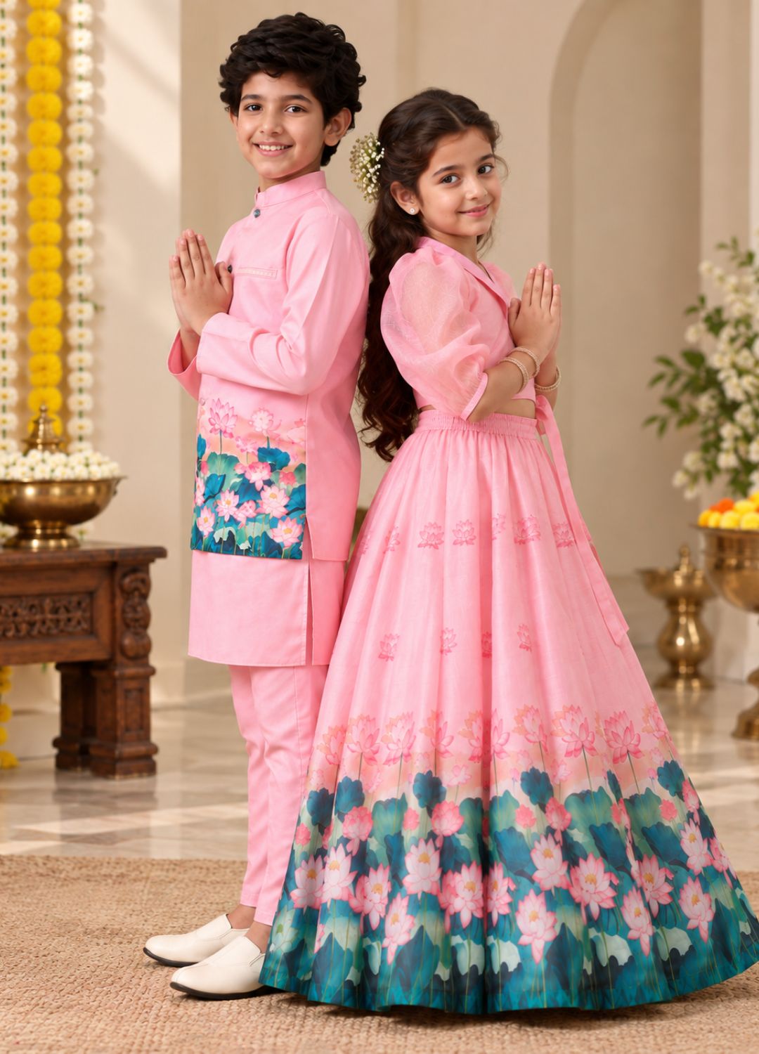 Pink Lotus Print Sibling Lehenga Choli & Kurta Pyjama Set