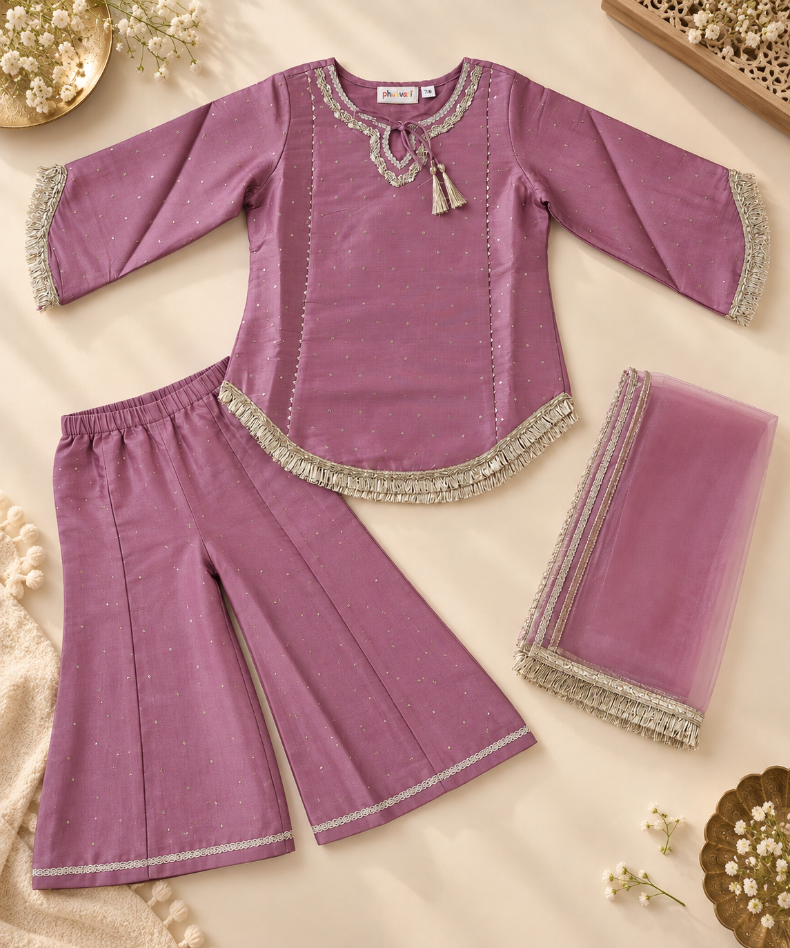 Girls Pink Embellished Kurta with Sharara & Dupatta