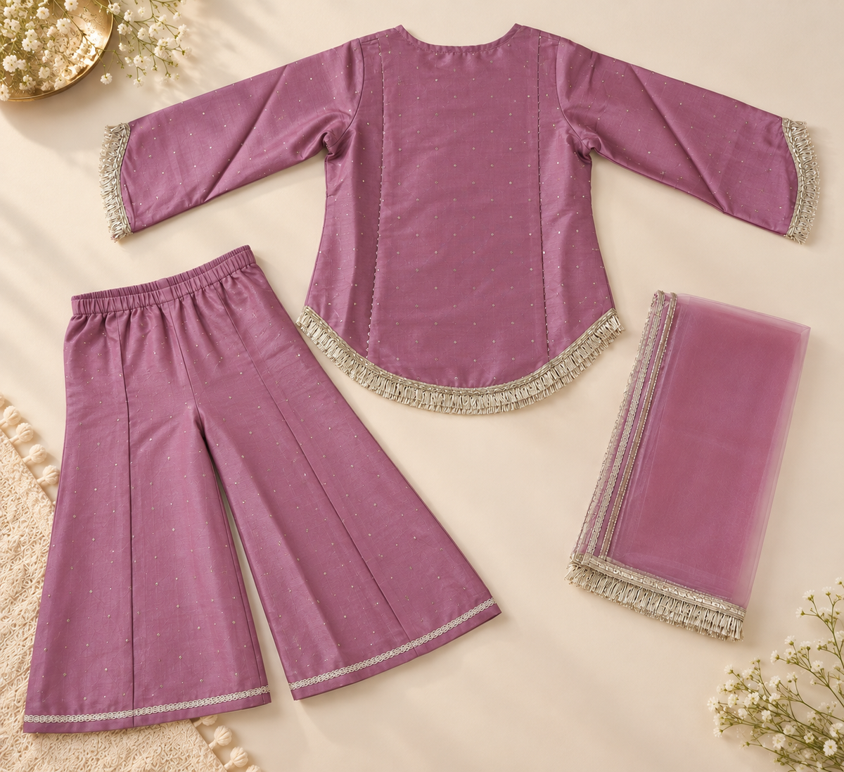 Girls Pink Embellished Kurta with Sharara & Dupatta