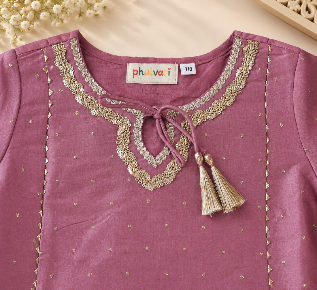 Girls Pink Embellished Kurta with Sharara & Dupatta