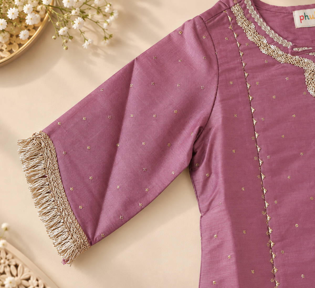Girls Pink Embellished Kurta with Sharara & Dupatta