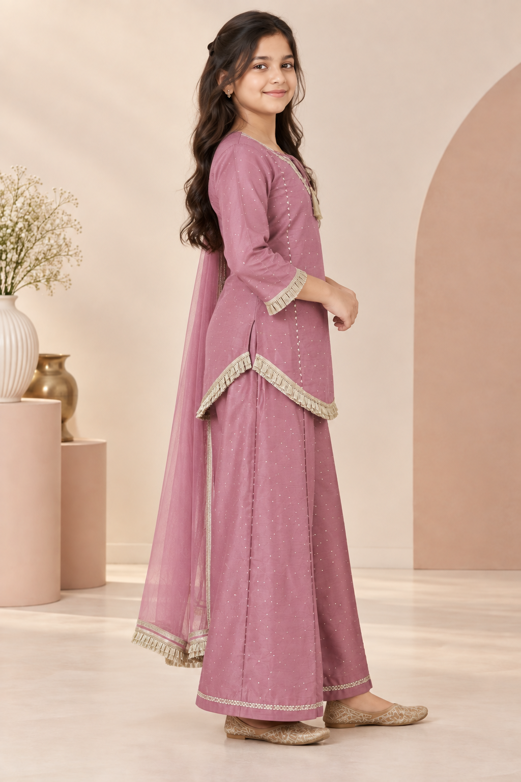 Girls Pink Embellished Kurta with Sharara & Dupatta