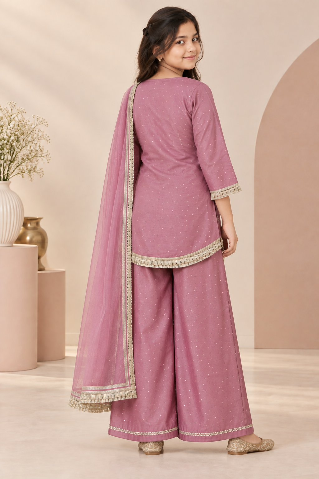 Girls Pink Embellished Kurta with Sharara & Dupatta