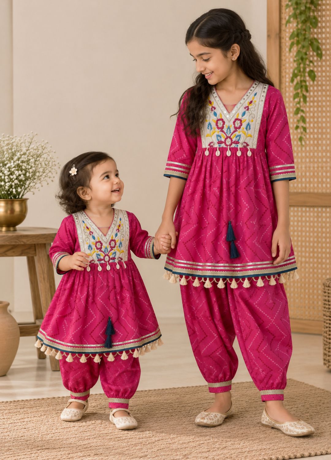 Girls Bandhej-Inspired Printed 100% Cotton Kurta with Patiala