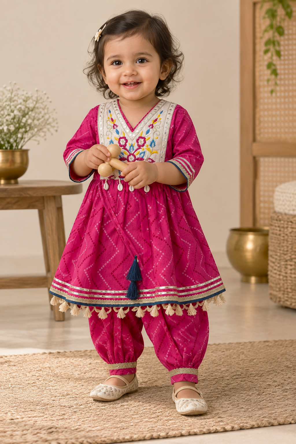 Girls Bandhej-Inspired Printed 100% Cotton Kurta with Patiala