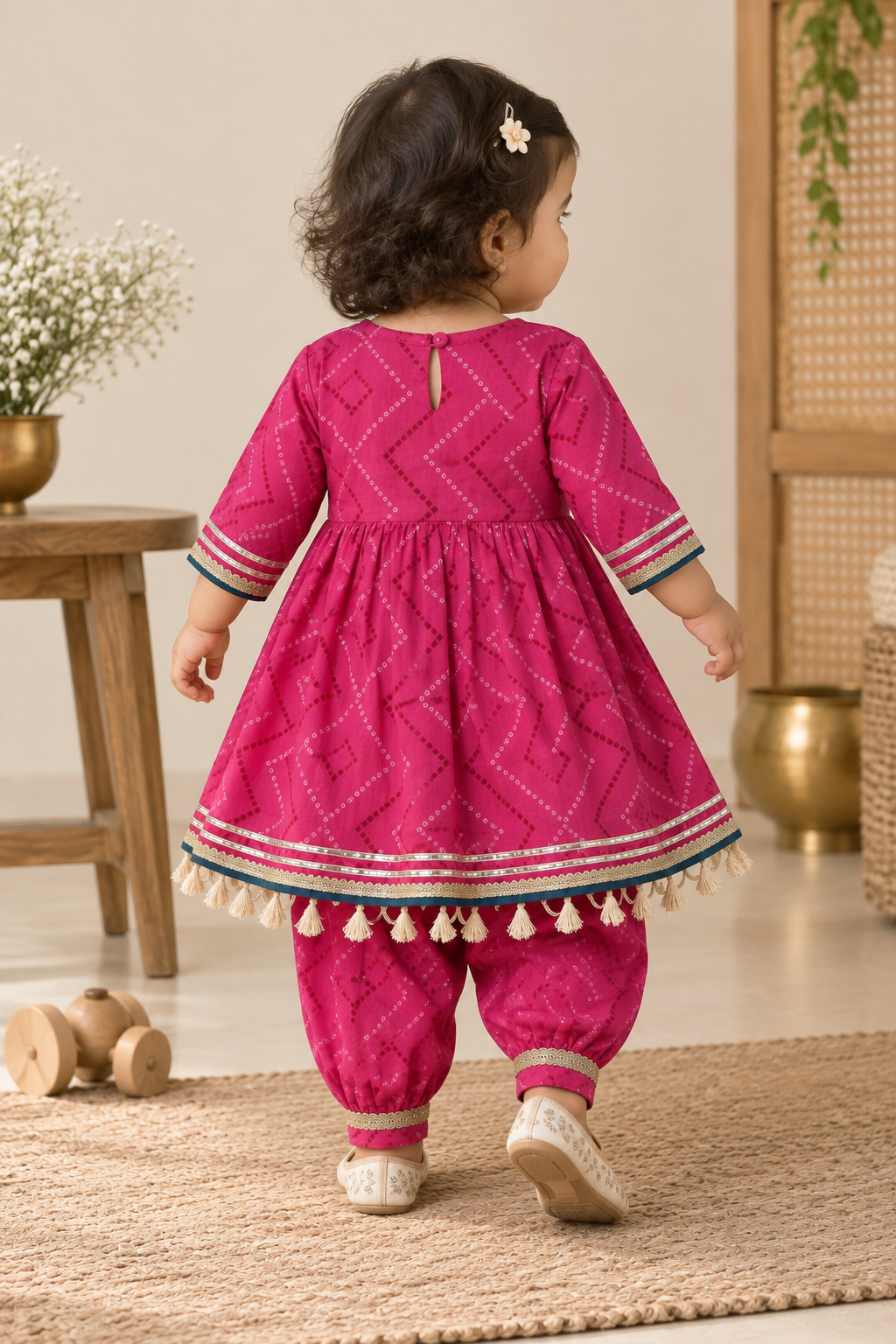 Girls Bandhej-Inspired Printed 100% Cotton Kurta with Patiala