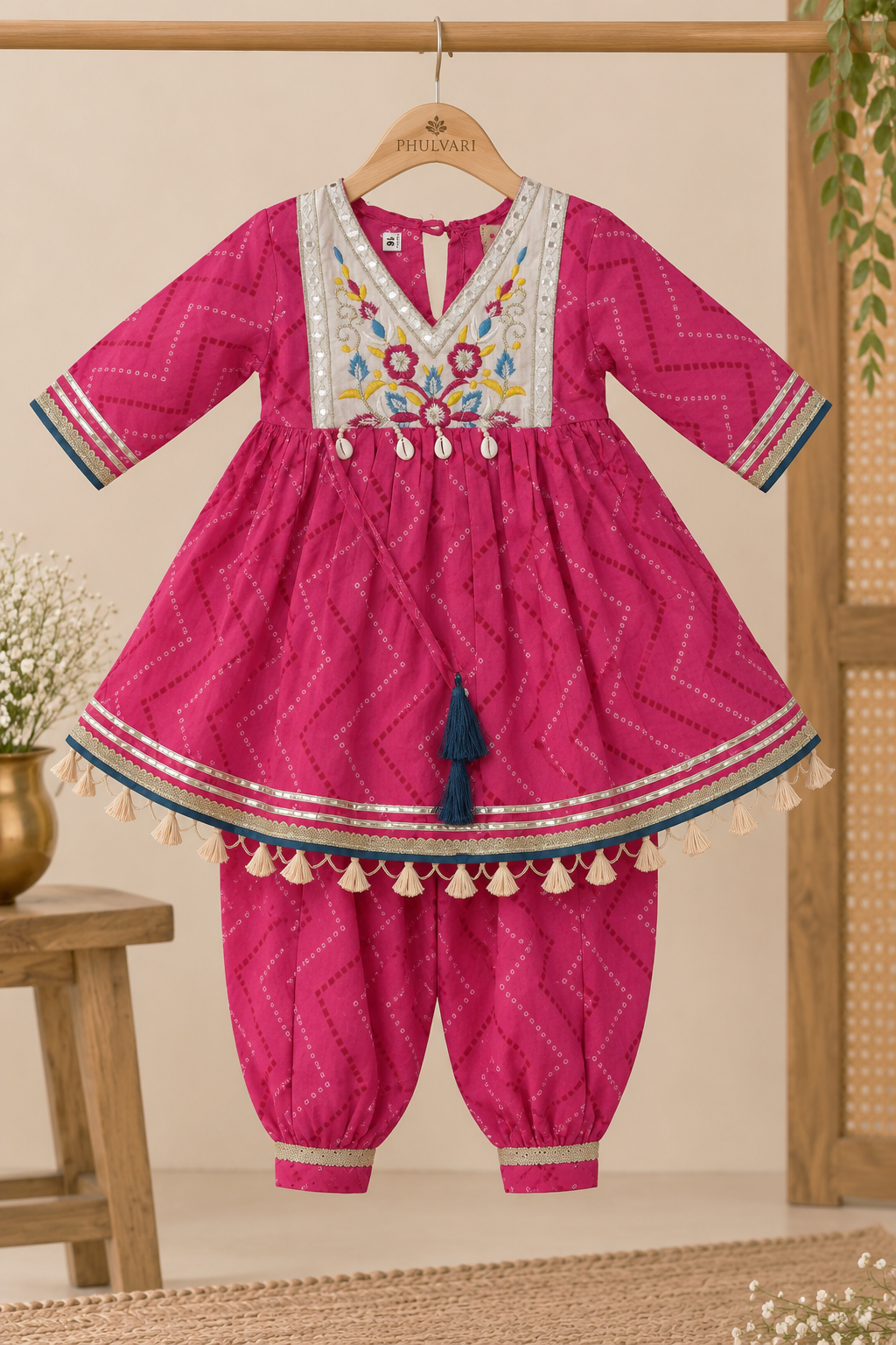 Girls Bandhej-Inspired Printed 100% Cotton Kurta with Patiala