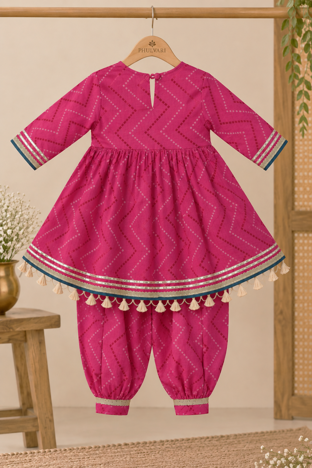Girls Bandhej-Inspired Printed 100% Cotton Kurta with Patiala