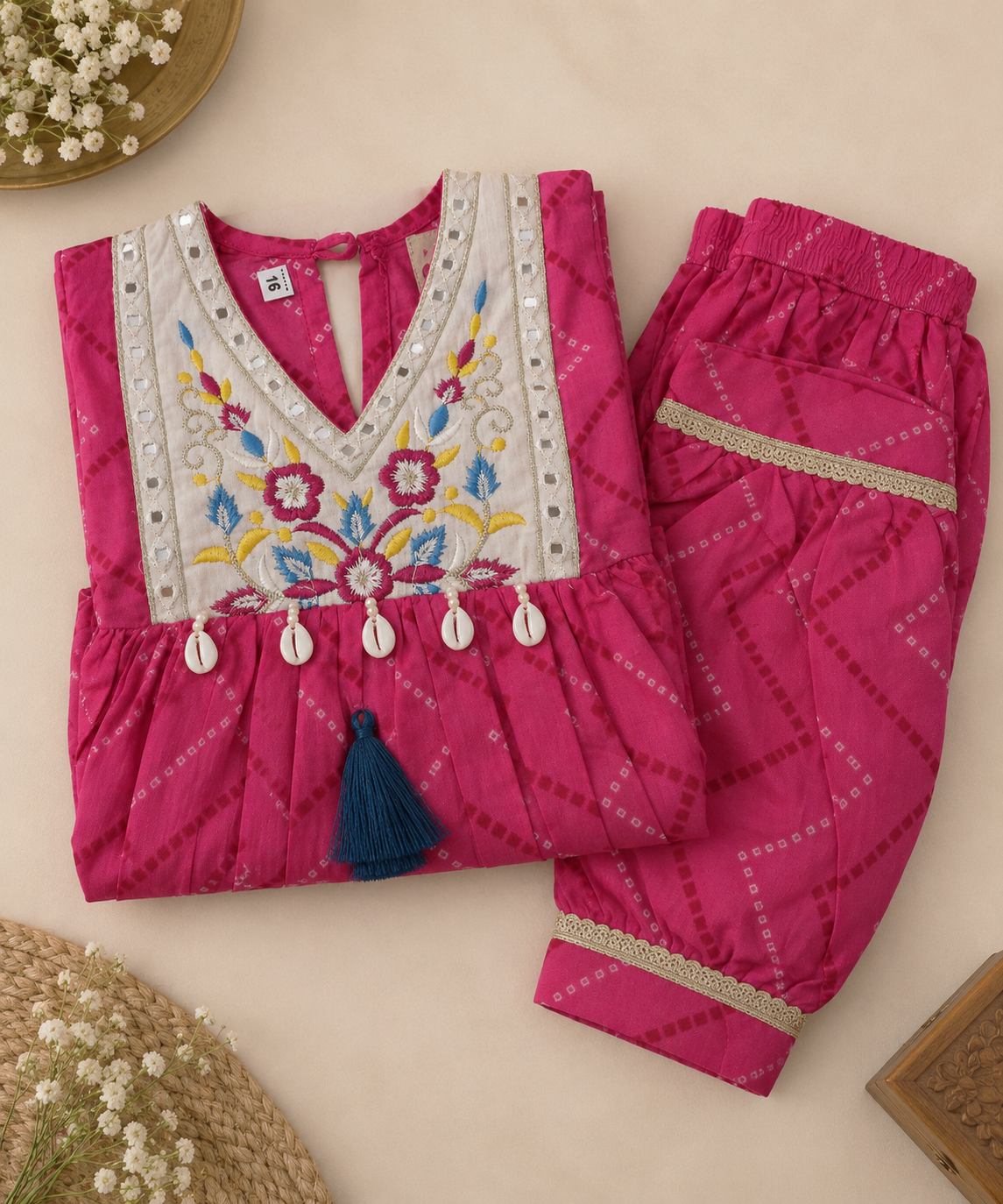 Girls Bandhej-Inspired Printed 100% Cotton Kurta with Patiala