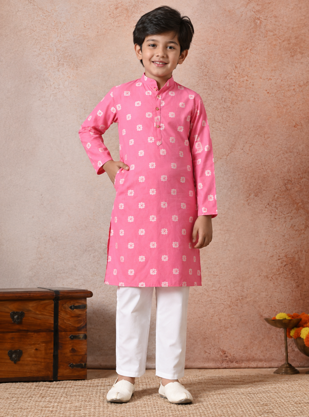 Boys Ethnic Motifs Dyed Regular Chanderi Cotton Kurta with Trouser