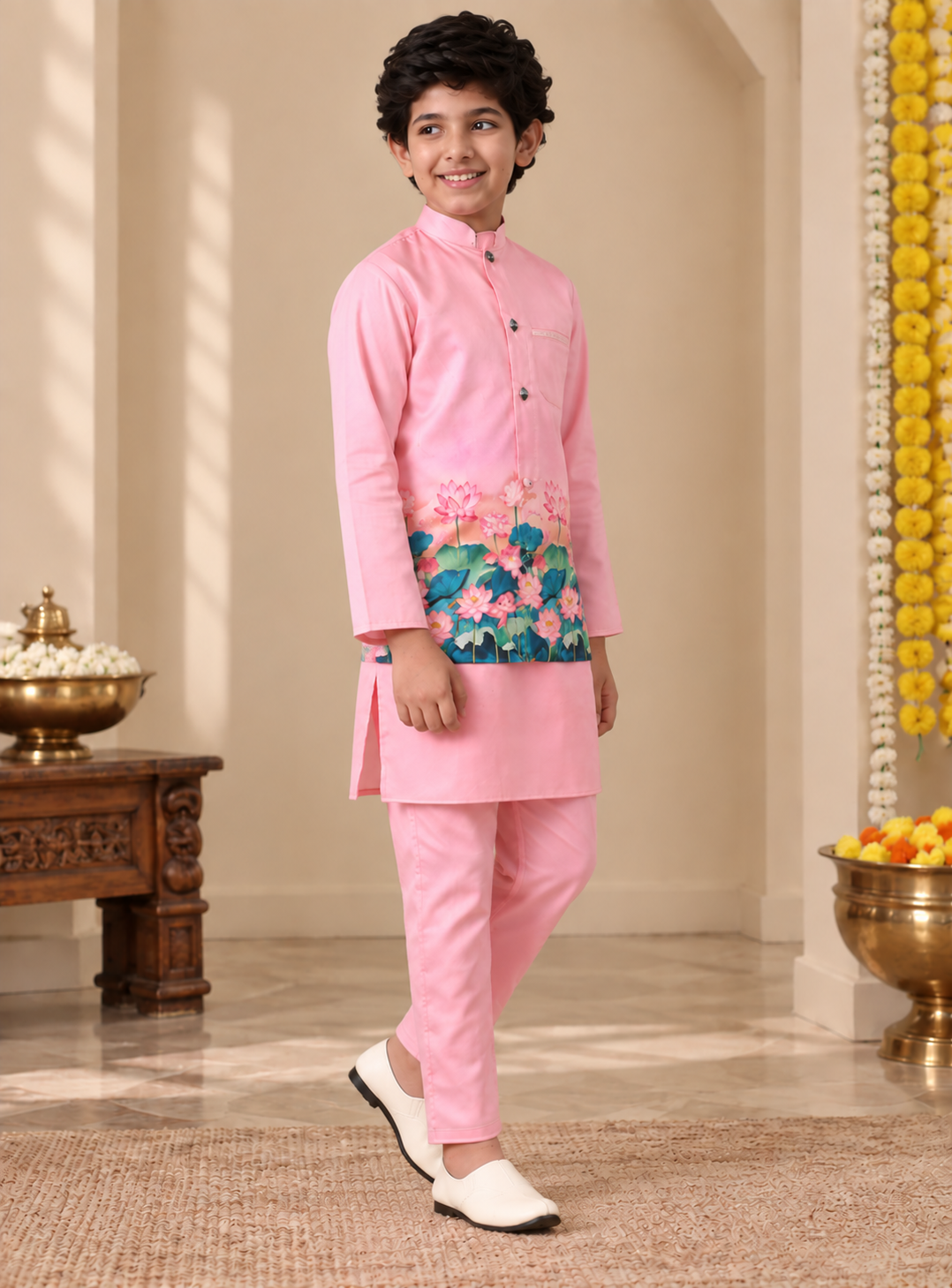 Boys Floral Printed Regular Pure Cotton Kurta with Trousers & Jacket