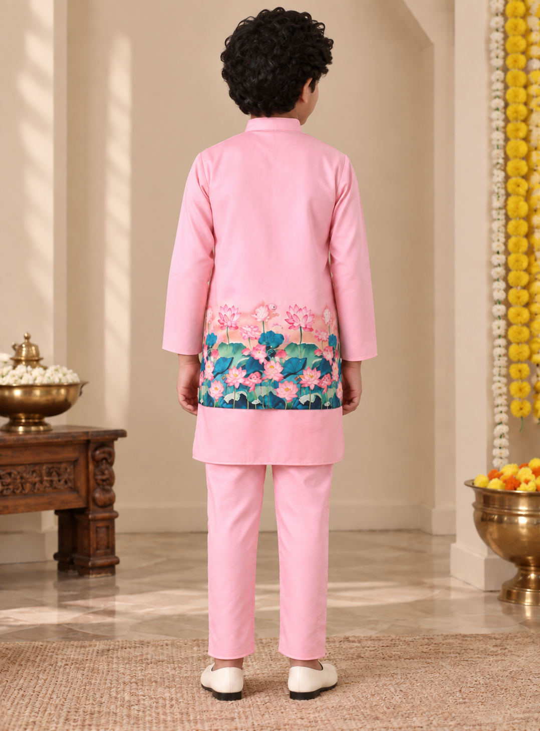 Boys Floral Printed Regular Pure Cotton Kurta with Trousers & Jacket