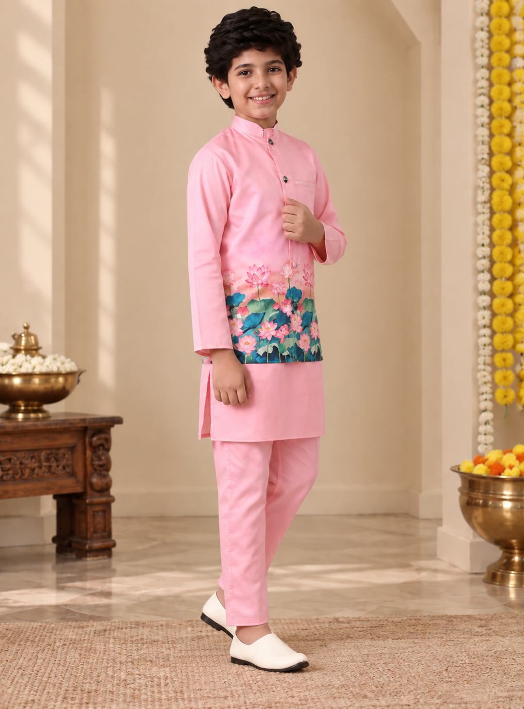 Boys Floral Printed Regular Pure Cotton Kurta with Trousers & Jacket