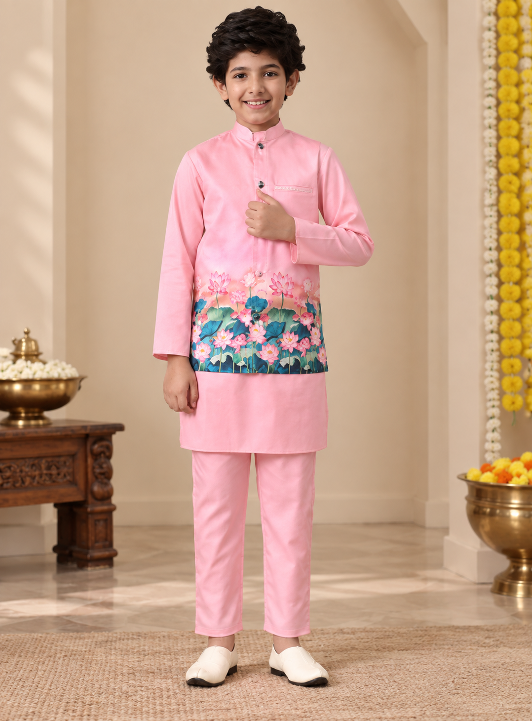 Boys Floral Printed Regular Pure Cotton Kurta with Trousers & Jacket