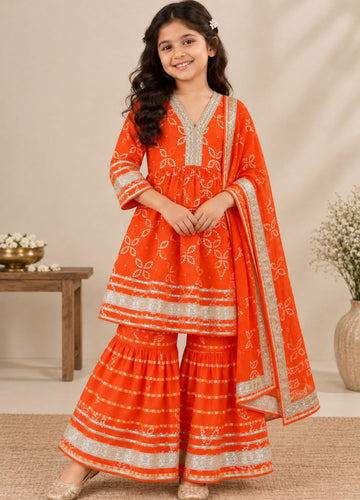 Girls Bandhani Printed 100% Cotton Kurta with Sharara & Dupatta