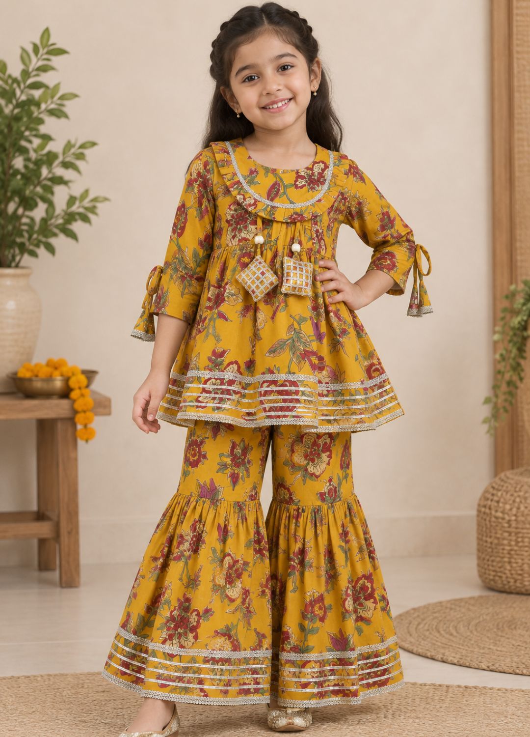 Girls Floral Printed 100% Cotton Kurti with Sharara