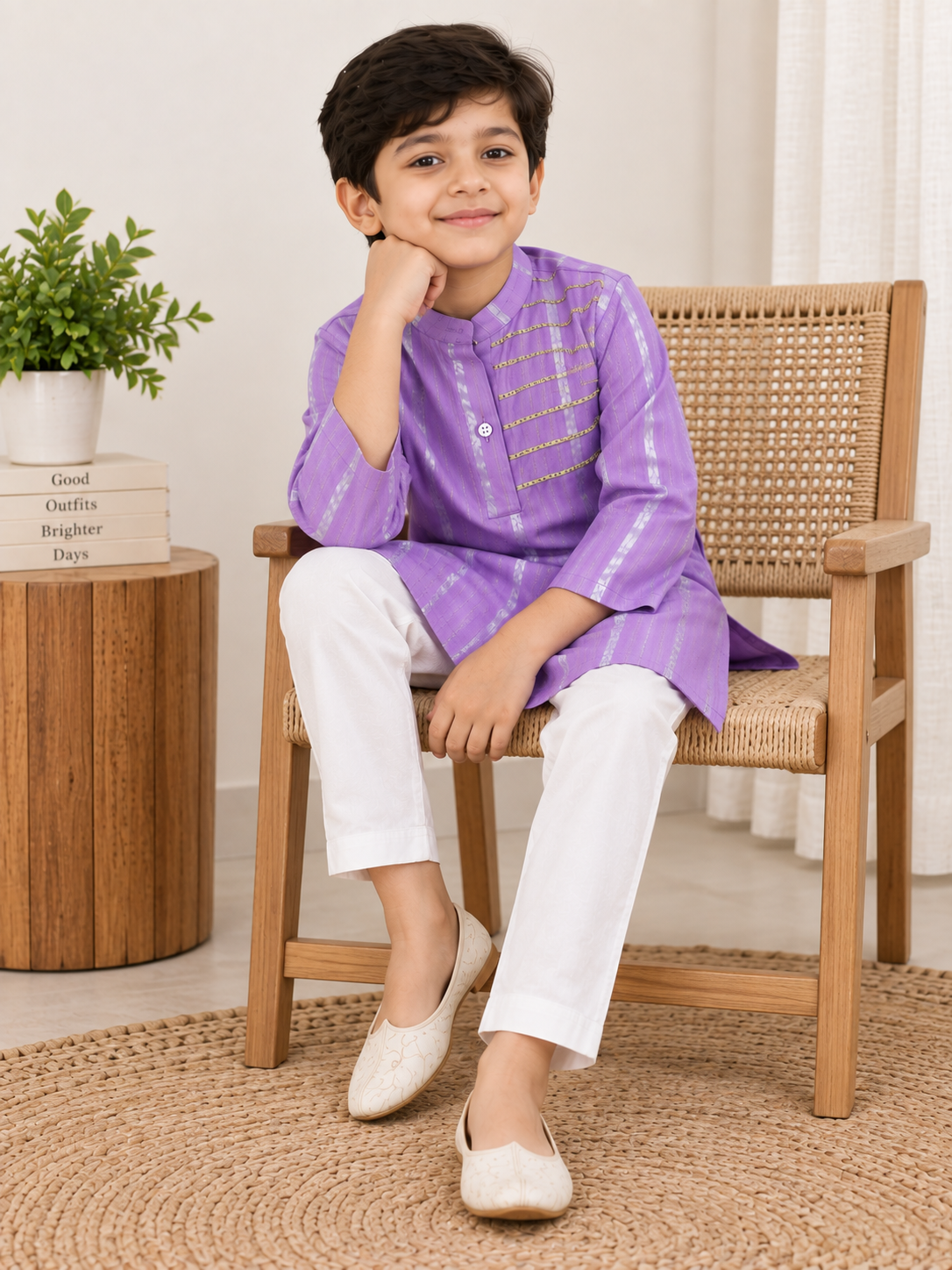 Boys Striped 100% Cotton Kurta with Trousers