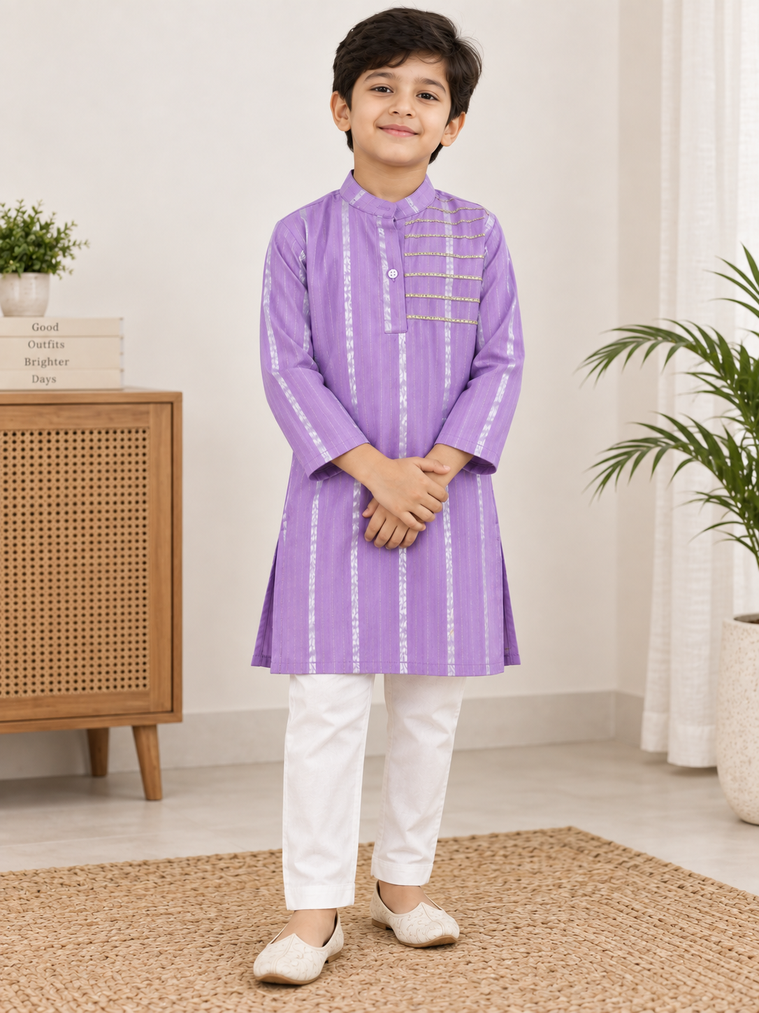 Boys Striped 100% Cotton Kurta with Trousers