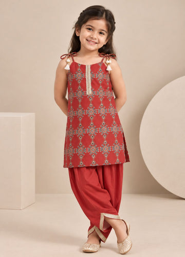 Girls Ethnic Printed 100% Cotton Top with Embellished Dhoti Pants