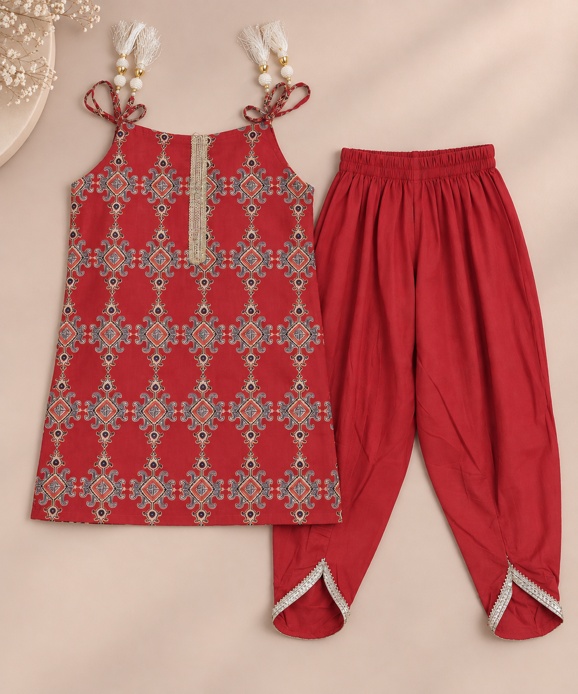 Girls Ethnic Printed 100% Cotton Top with Embellished Dhoti Pants