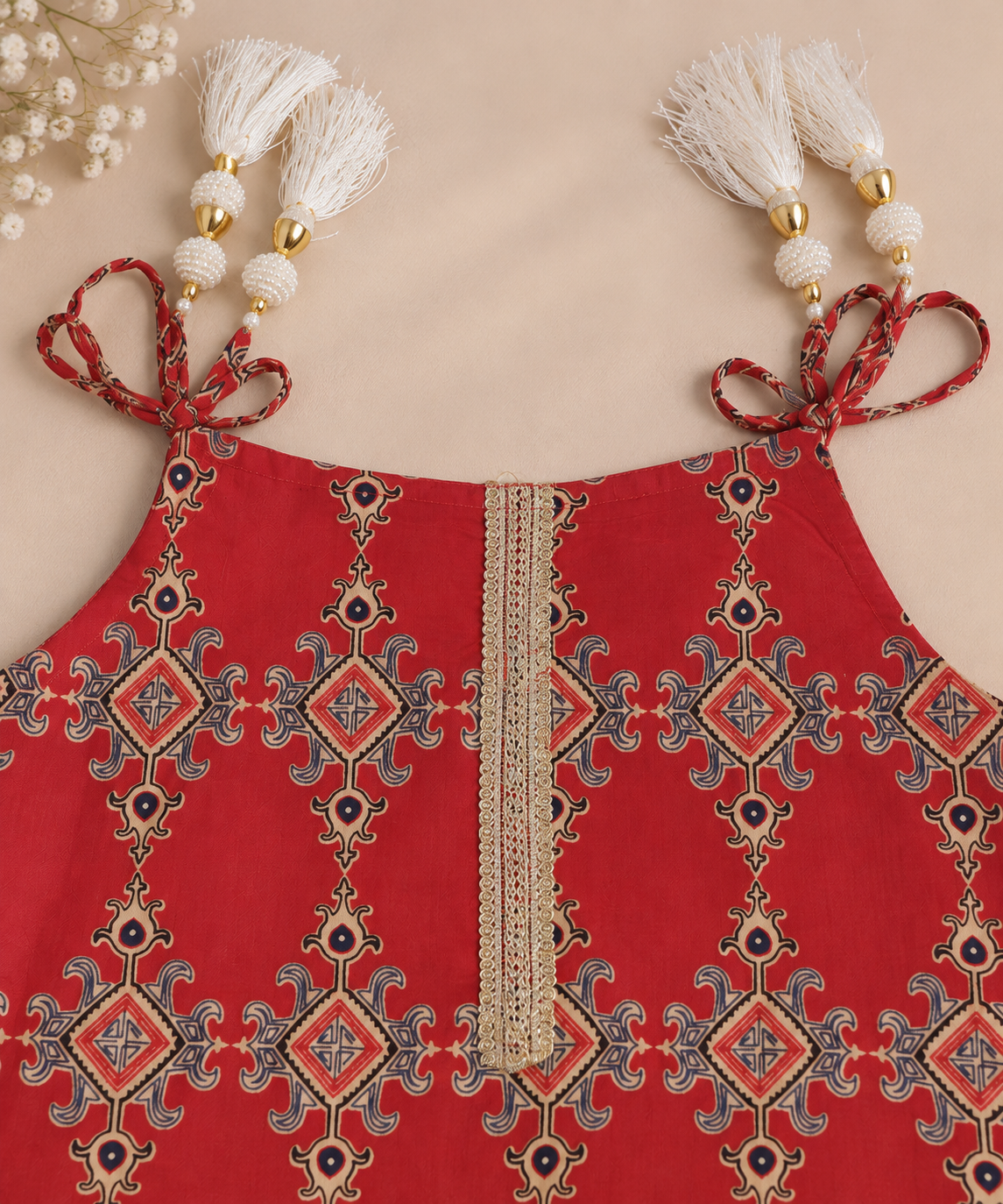 Girls Ethnic Printed 100% Cotton Top with Embellished Dhoti Pants