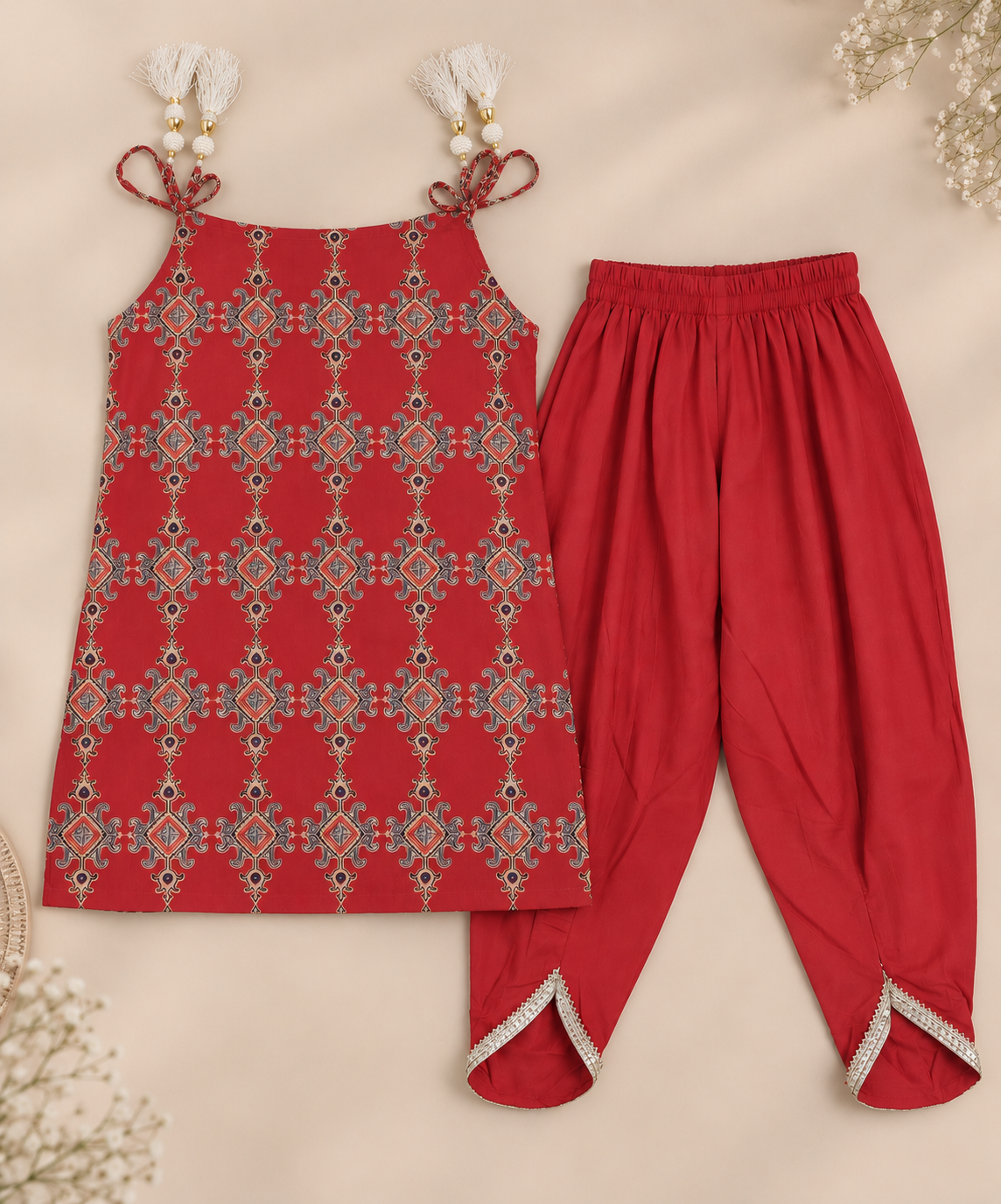 Girls Ethnic Printed 100% Cotton Top with Embellished Dhoti Pants