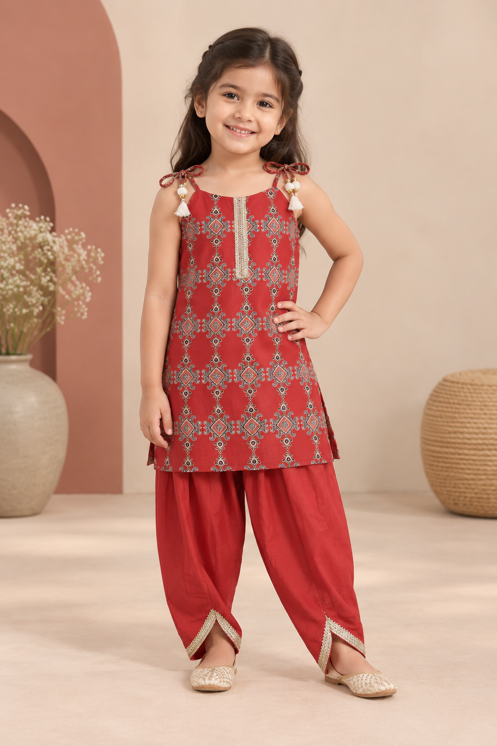 Girls Ethnic Printed 100% Cotton Top with Embellished Dhoti Pants