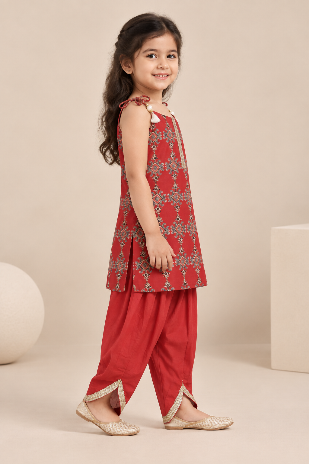 Girls Ethnic Printed 100% Cotton Top with Embellished Dhoti Pants