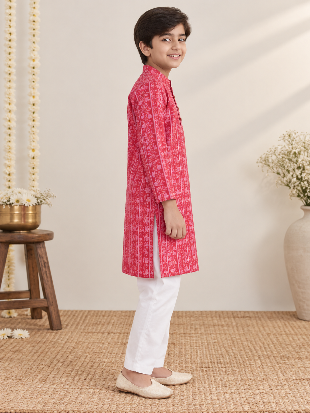 Boys Floral Striped Printed 100% Cotton Kurta with Trousers
