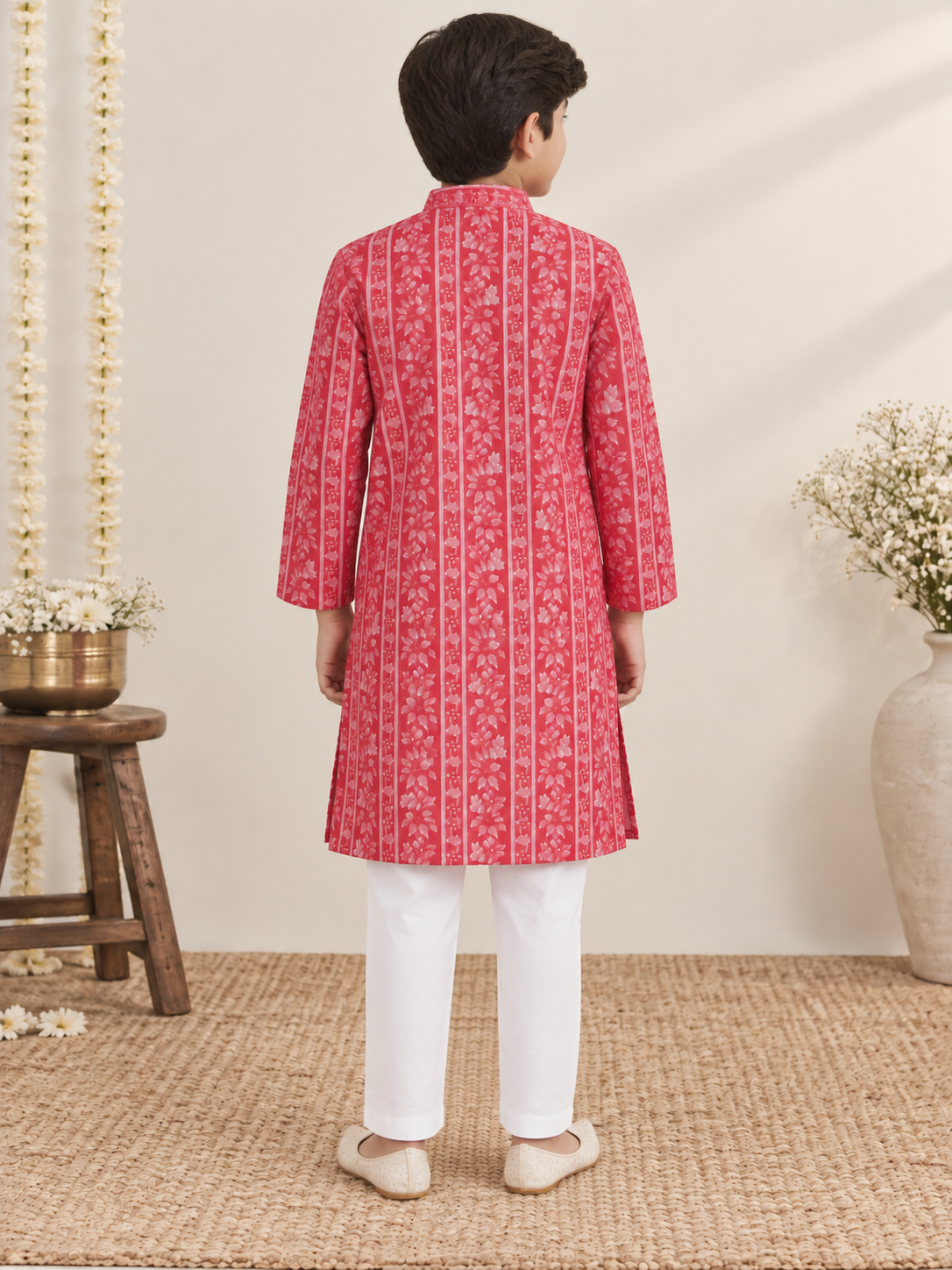 Boys Floral Striped Printed 100% Cotton Kurta with Trousers