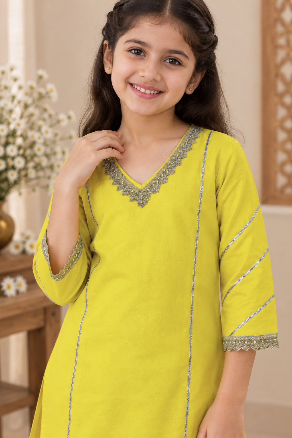 Girls Lace Detailed 100% Cotton Kurta Set