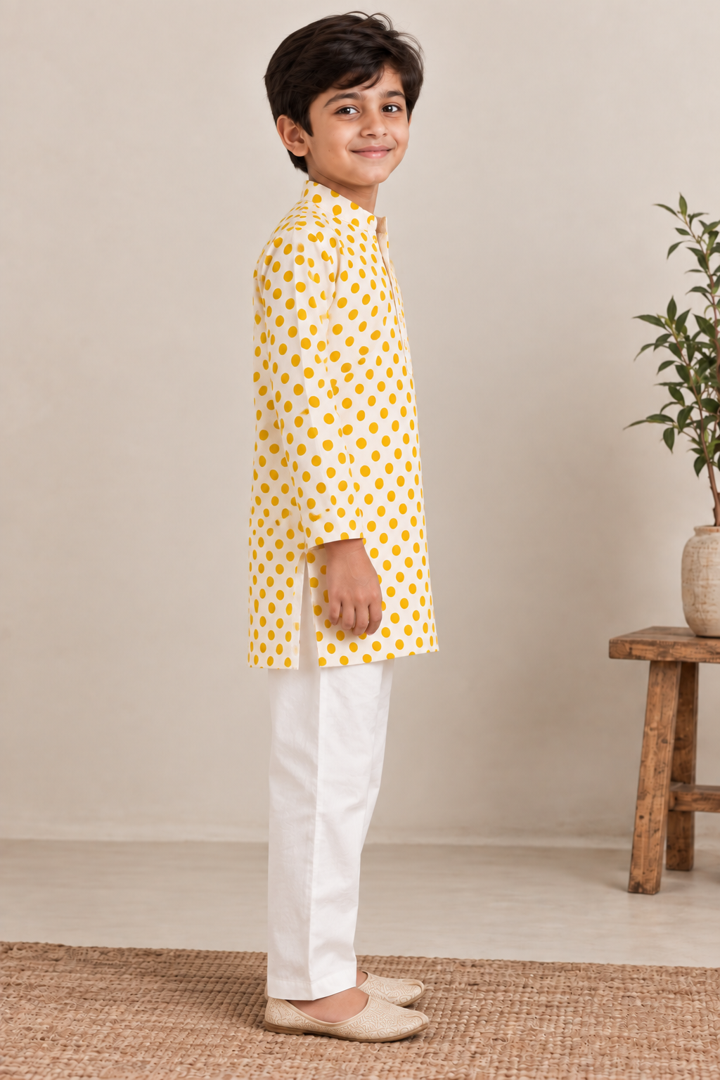 Boys Polka Dot Printed 100% Cotton Kurta with Pyjamas