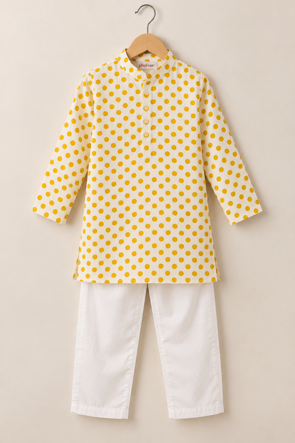 Boys Polka Dot Printed 100% Cotton Kurta with Pyjamas