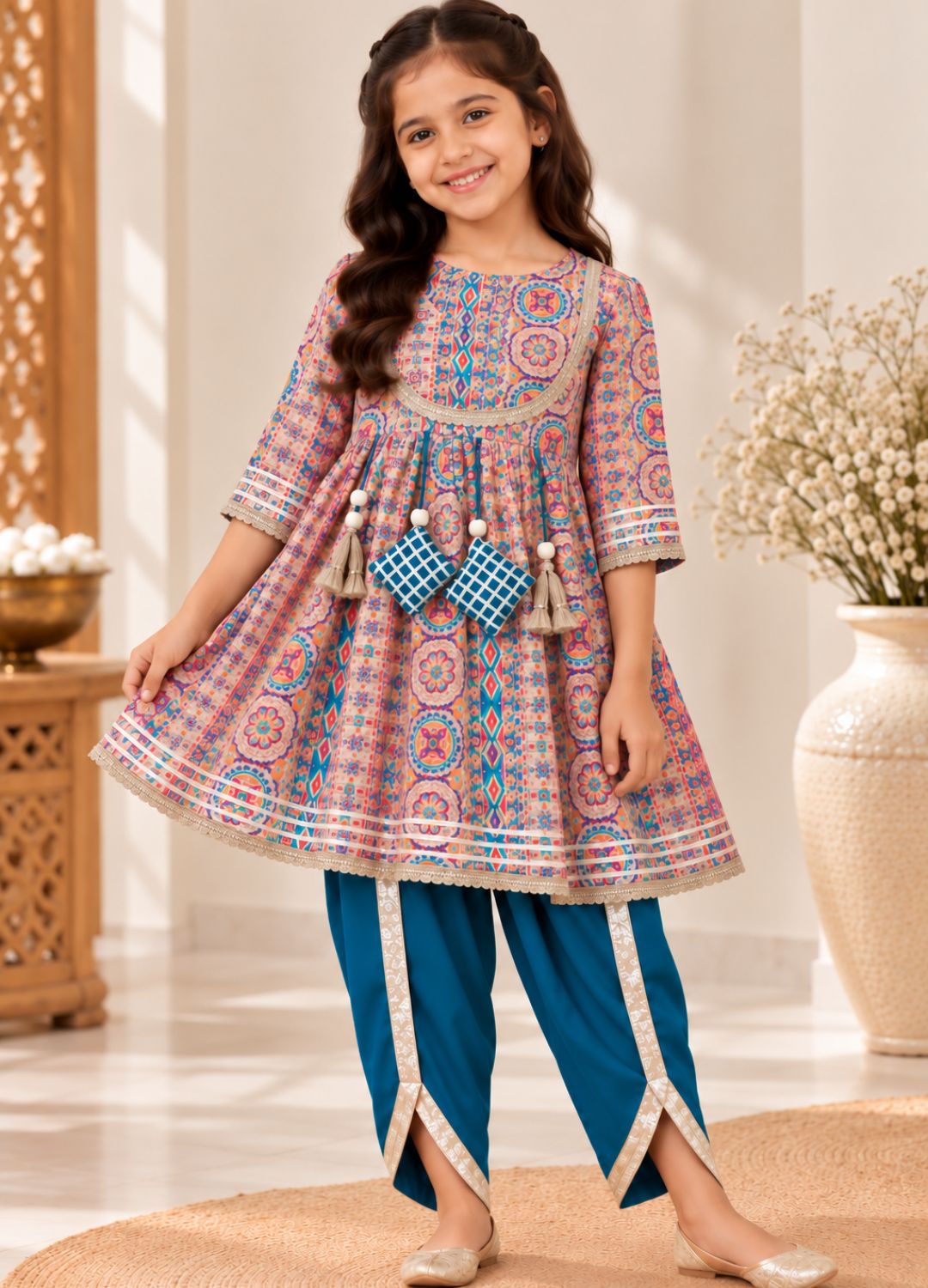 Teal Heritage Print Dhoti Kurta Set