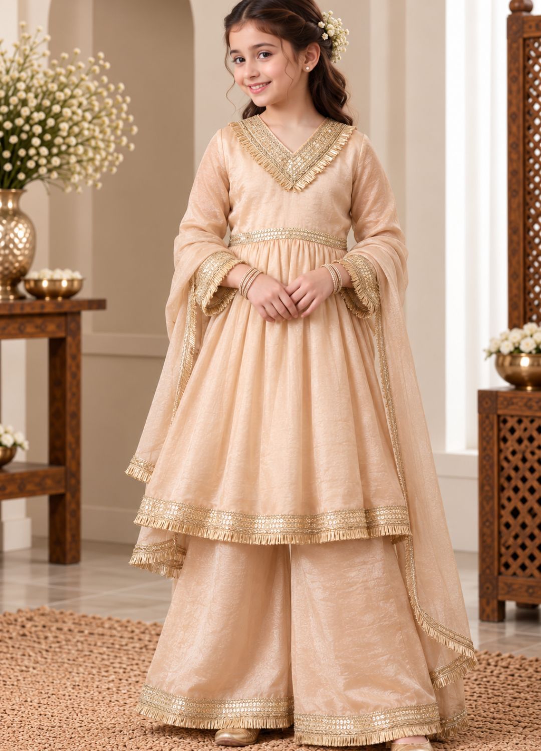 Girls Solid Sequinned Poly Silk A-Line Kurta with Sharara & Dupatta