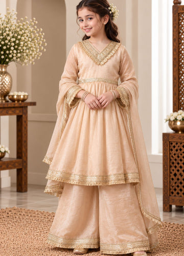 Girls Solid Sequinned Poly Silk A-Line Kurta with Sharara & Dupatta